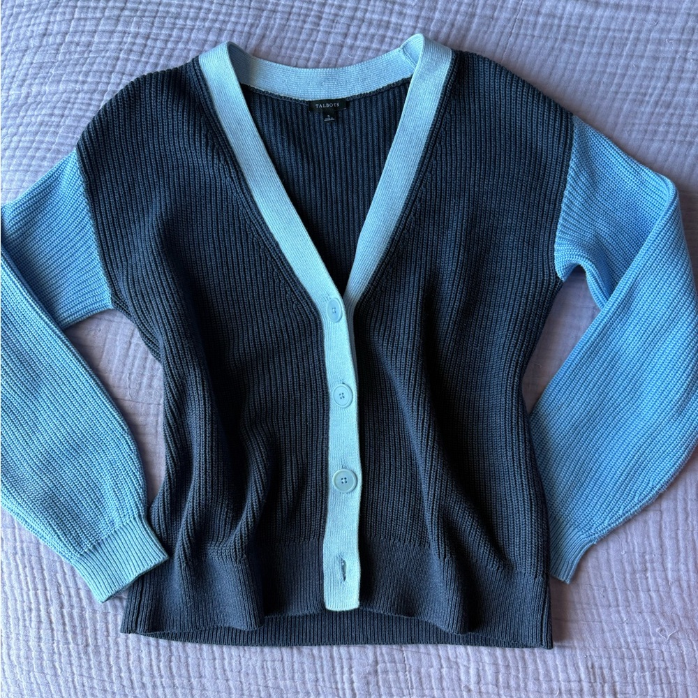 Women's Blue Pima Cotton Color Block Cardigan